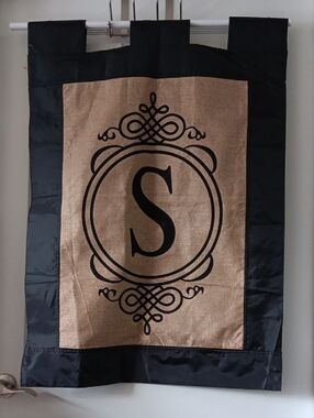 Monogram 'S' Decorative Burlap Wall Flag in Black and Natural NWOT